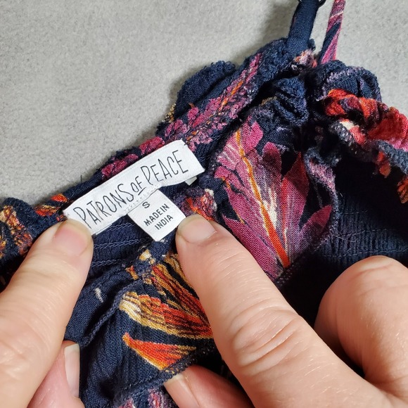 Y2K Babydoll Cami Top S Blue Pink Floral Smocked Ruffle Boho Patrons of‎ Peace - Picture 5 of 7